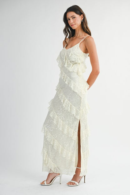 Jade Lace Sequin Ruffle Tiered Maxi Dress - Cream