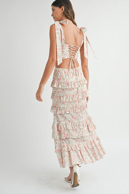 Enchanted Garden Floral Tie Top & Ruffle Tiered Maxi Skirt Set - Pink