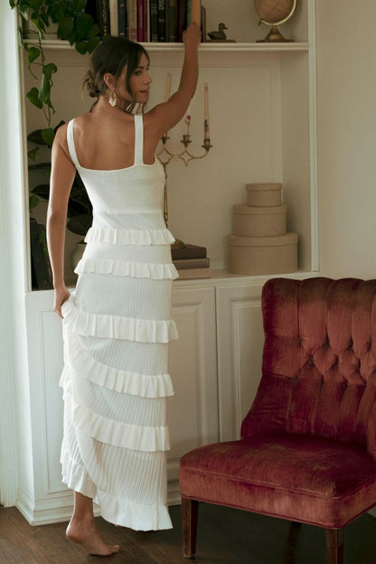 Coco Knit Bow Ruffle Tiered Bodycon Maxi Dress - Off White