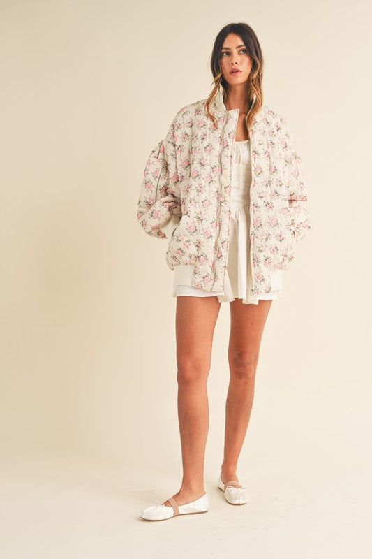 In Bloom Floral Quilted Oversized Bomber Jacket