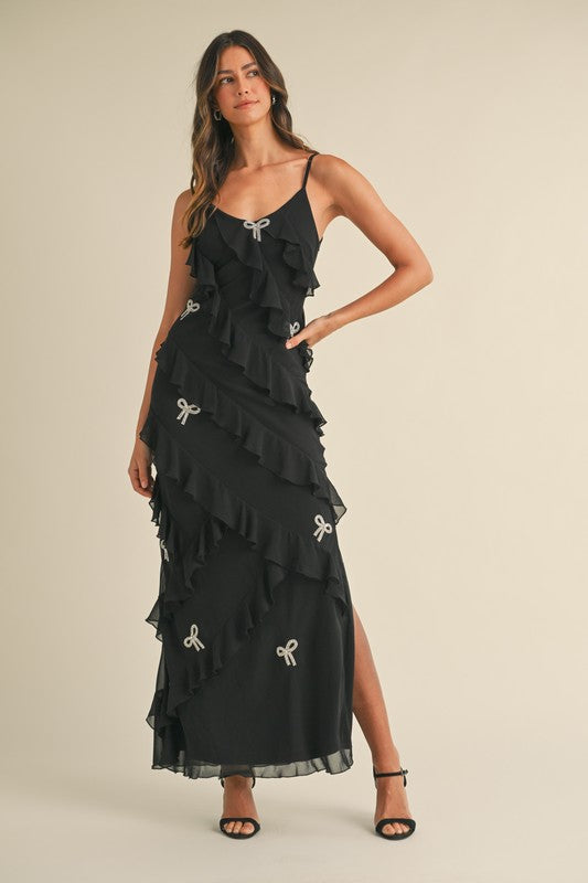 Blaire Ruffle Tiered Bow Rhinestone Maxi Dress - Black