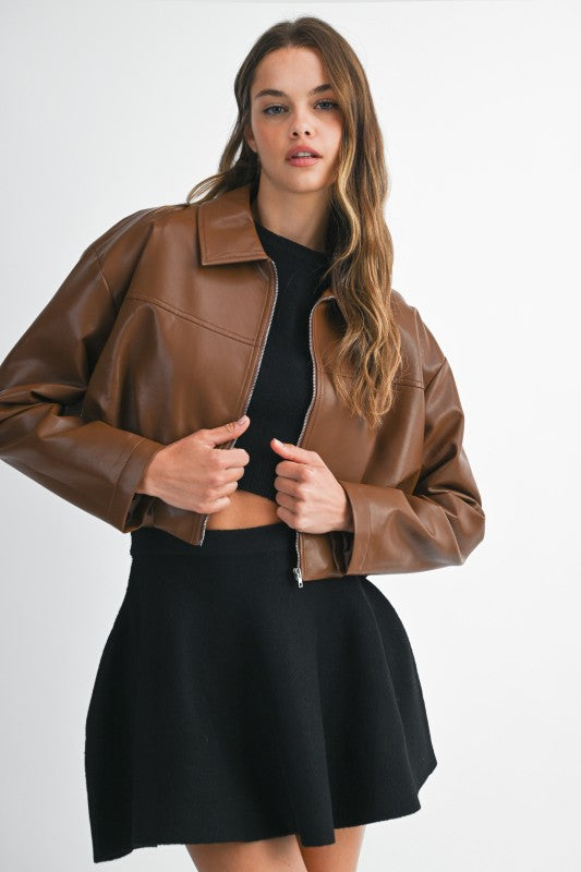 The Bridget Faux Leather Bubble Hem Cropped Bomber Jacket - Brown