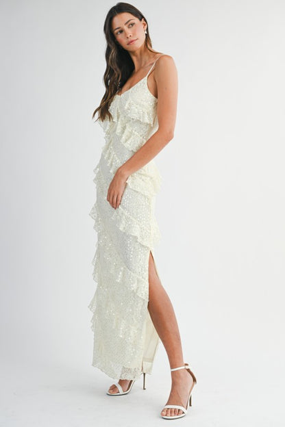 Jade Lace Sequin Ruffle Tiered Maxi Dress - Cream
