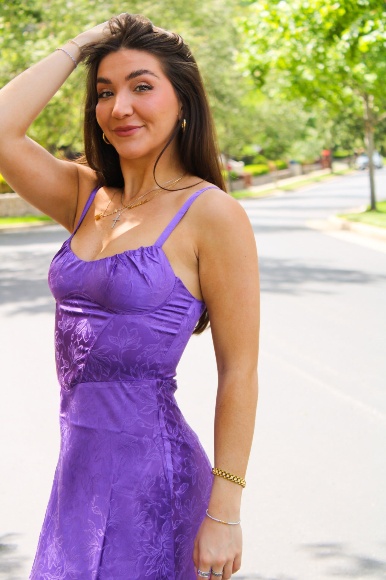 Mystery Aura Floral Satin Mini Dress - Purple