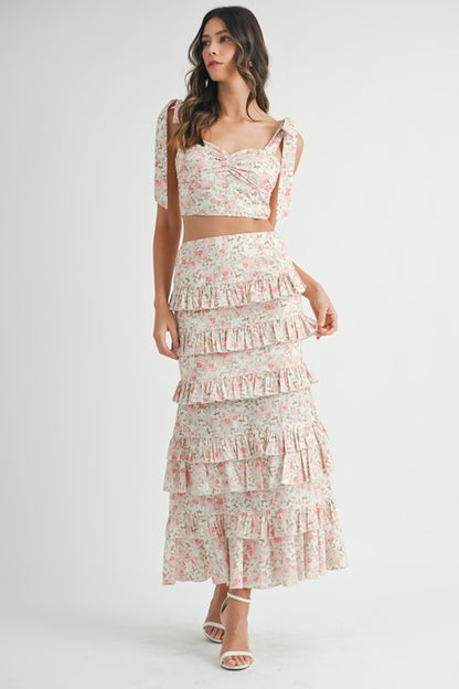 Enchanted Garden Floral Tie Top & Ruffle Tiered Maxi Skirt Set - Pink