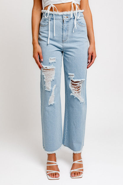 Hendrix Distressed Wide Leg High Waisted Ankle Jeans - Light Wash