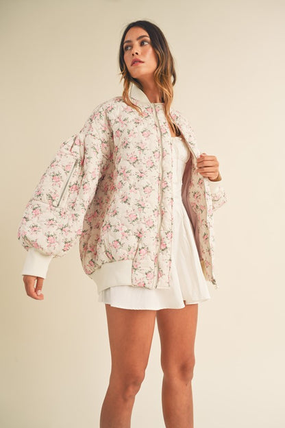 In Bloom Floral Quilted Oversized Bomber Jacket