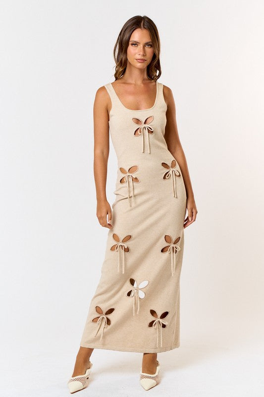 Gemma Flower Cut Out Bow Sweater Maxi Dress - Khaki