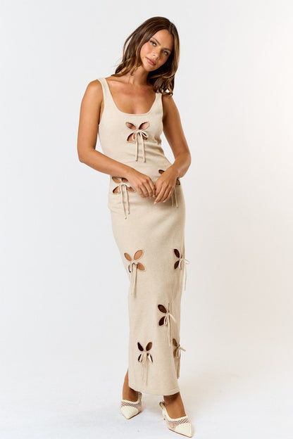 Gemma Flower Cut Out Bow Sweater Maxi Dress - Khaki