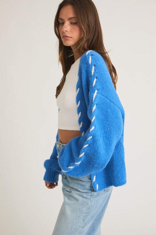 Aspen Stitch Detailed Knit Cardigan - Blue