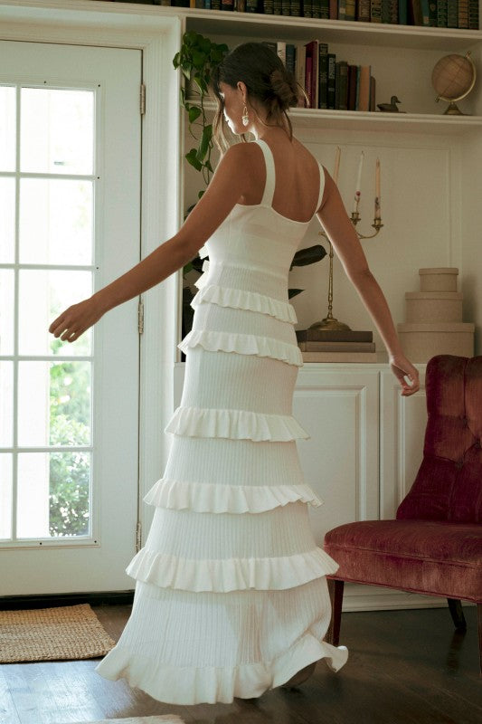 Coco Knit Bow Ruffle Tiered Bodycon Maxi Dress - Off White