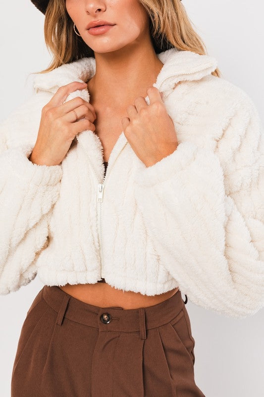 Cool Girl Cropped Fluffy Soft Fleece Jacket - Cream