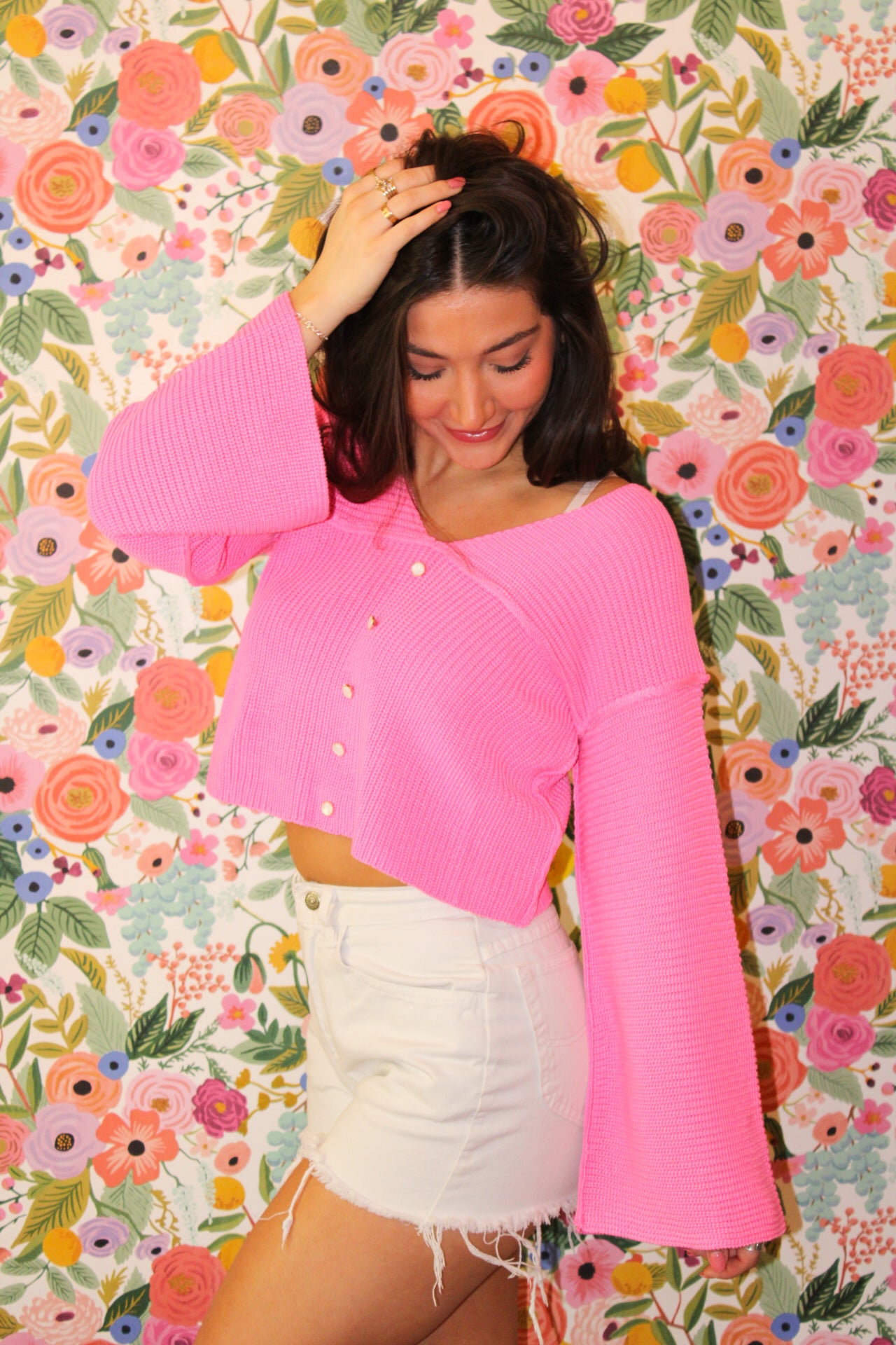 Nova Bell Sleeve Crop Knit Sweater - Hot Pink