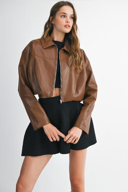 The Bridget Faux Leather Bubble Hem Cropped Bomber Jacket - Brown