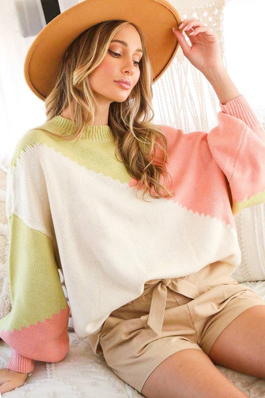 Lauren Oversized Color Block Sweater - Pink/Green