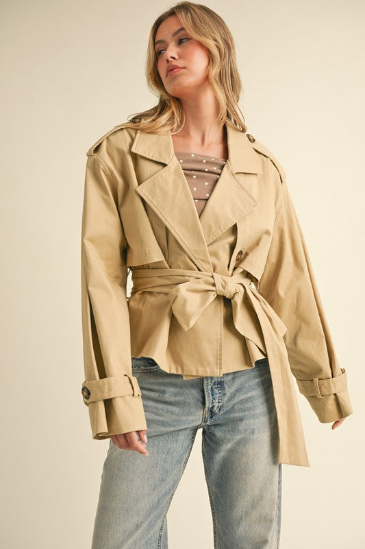 Alice Cropped Belted Trench Coat Jacket - Beige