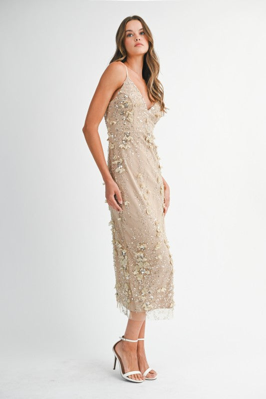 Hazel Sequin Floral Embellished V-Neck Bodycon Maxi Dress - Light Taupe
