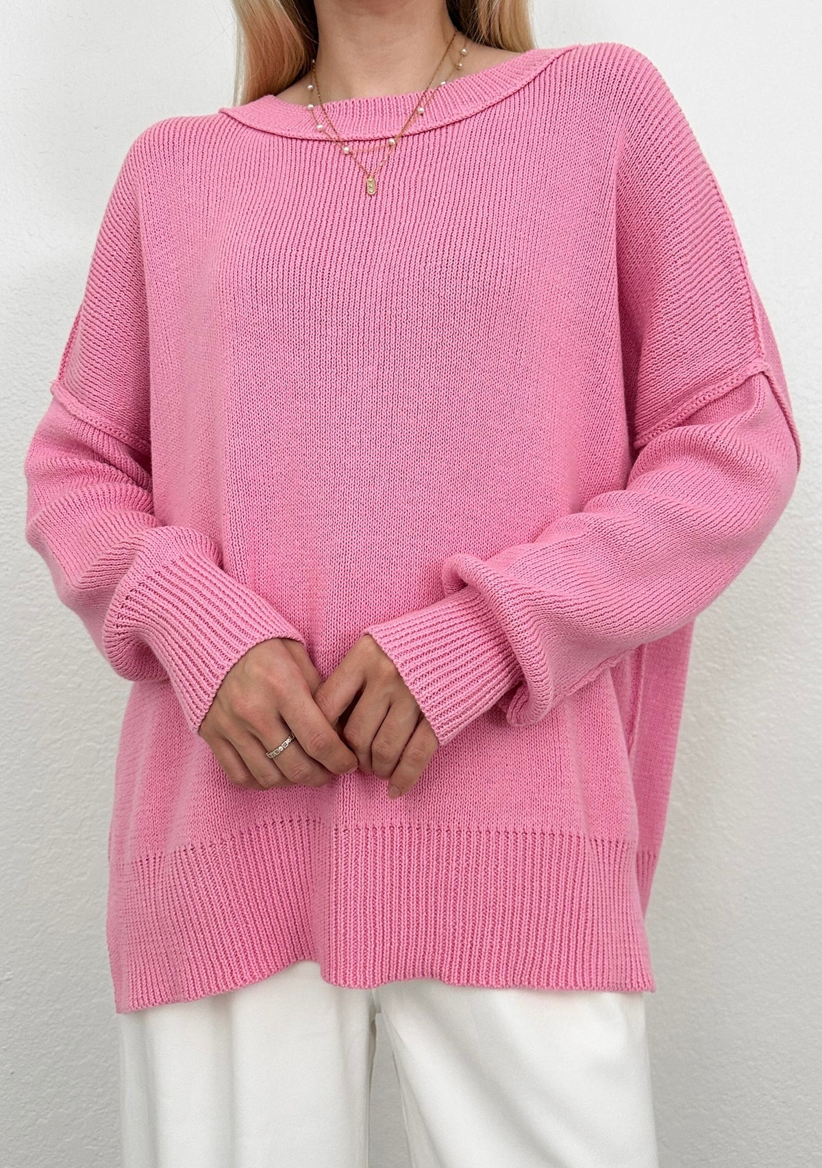 Cozy Days Ribbed Seam Knit Sweater - Rose