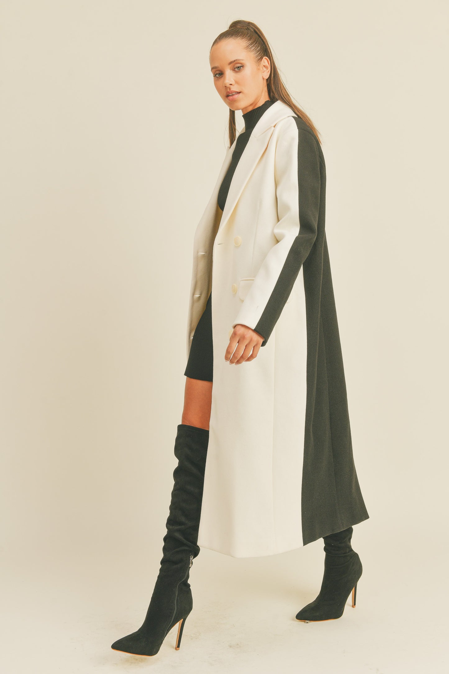 City Girl Long Color Block Pea Coat - Black/White