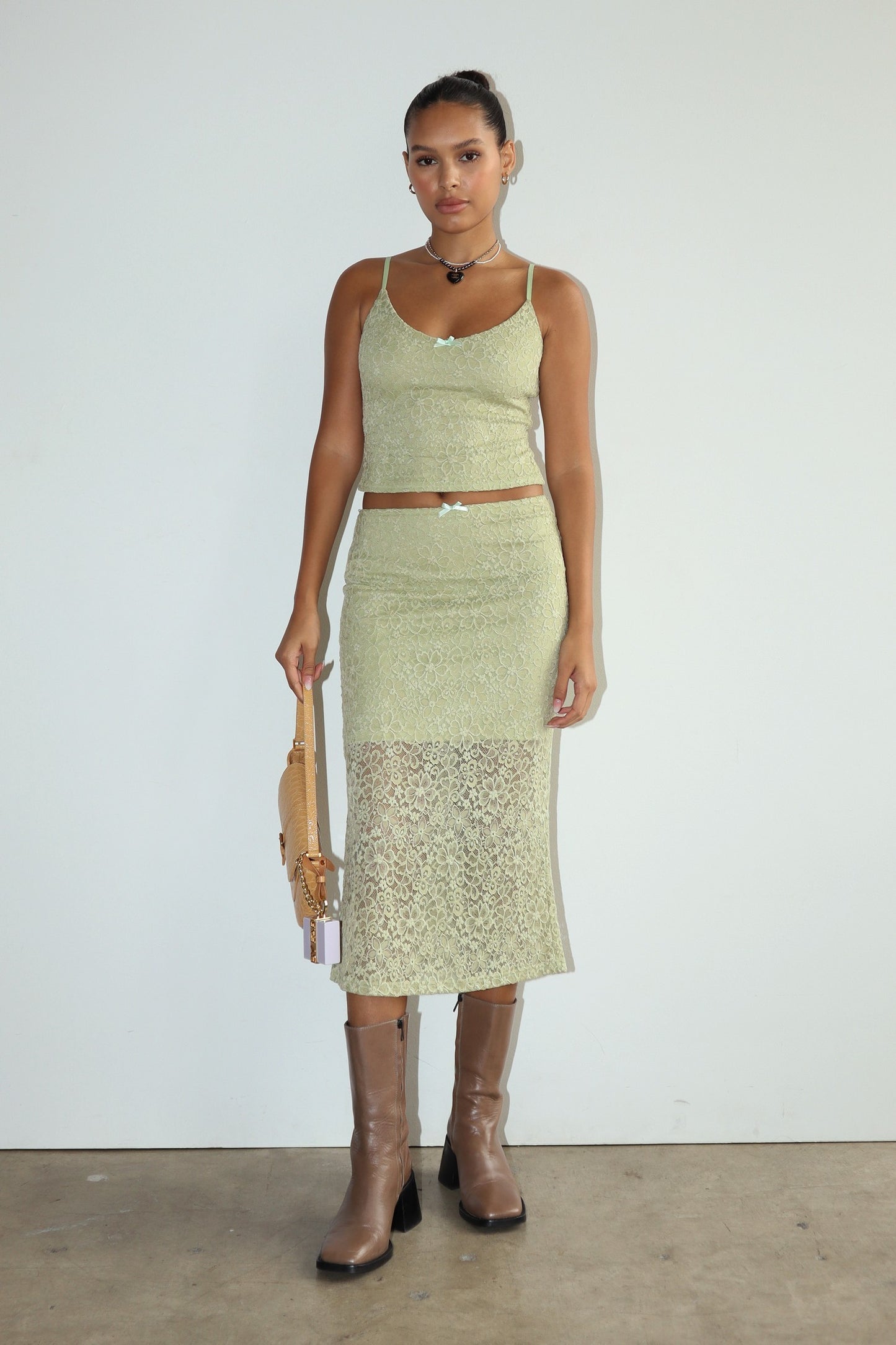 Garden Kisses Lace Midi Skirt - Light Green