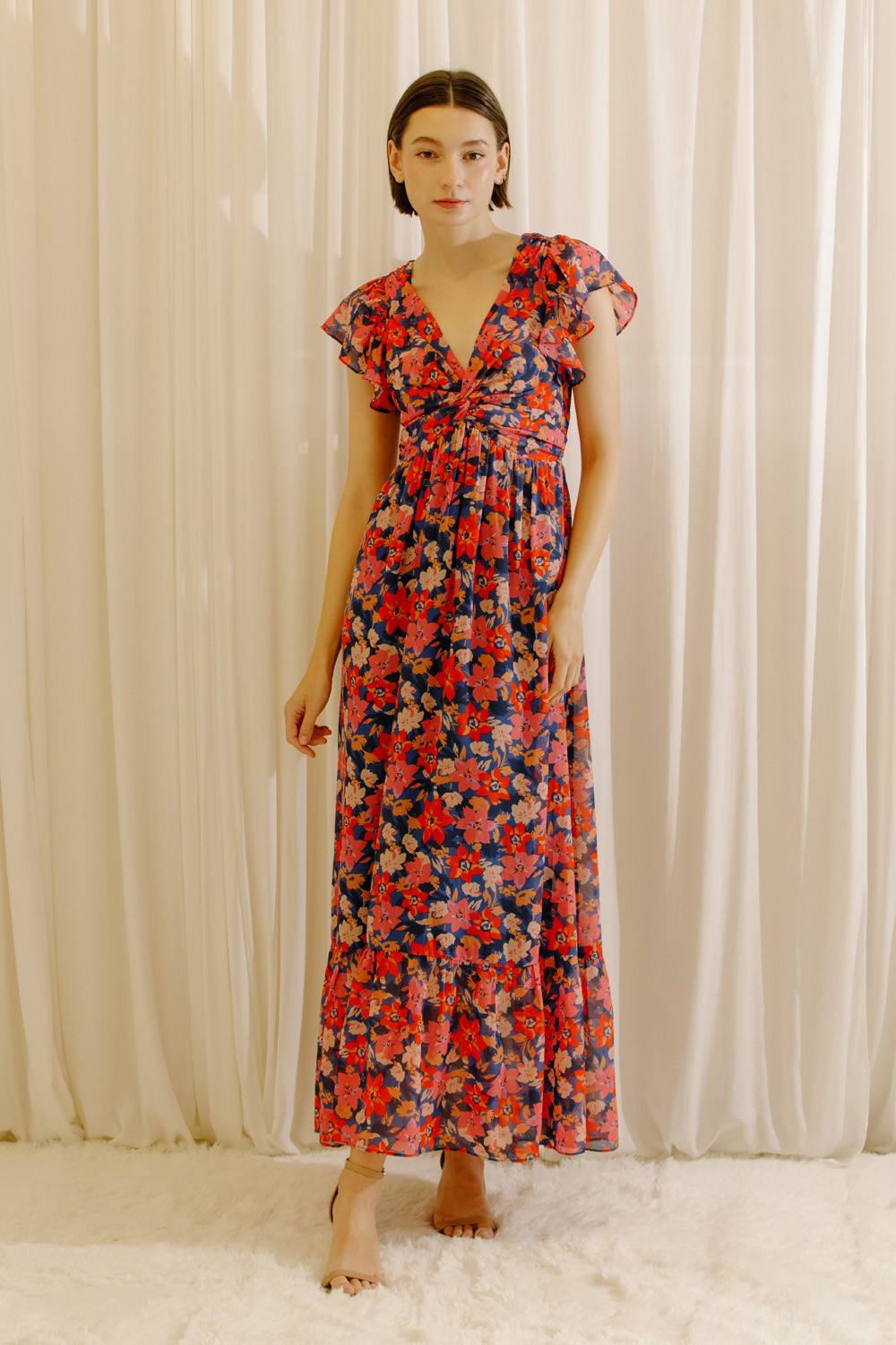 Summer Romance Fluttered Sleeve Floral Maxi Dress - Red/Pink