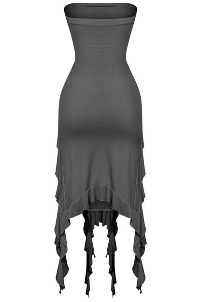 Aurora Ruffled Front Slit Strapless Midi Dress - Black