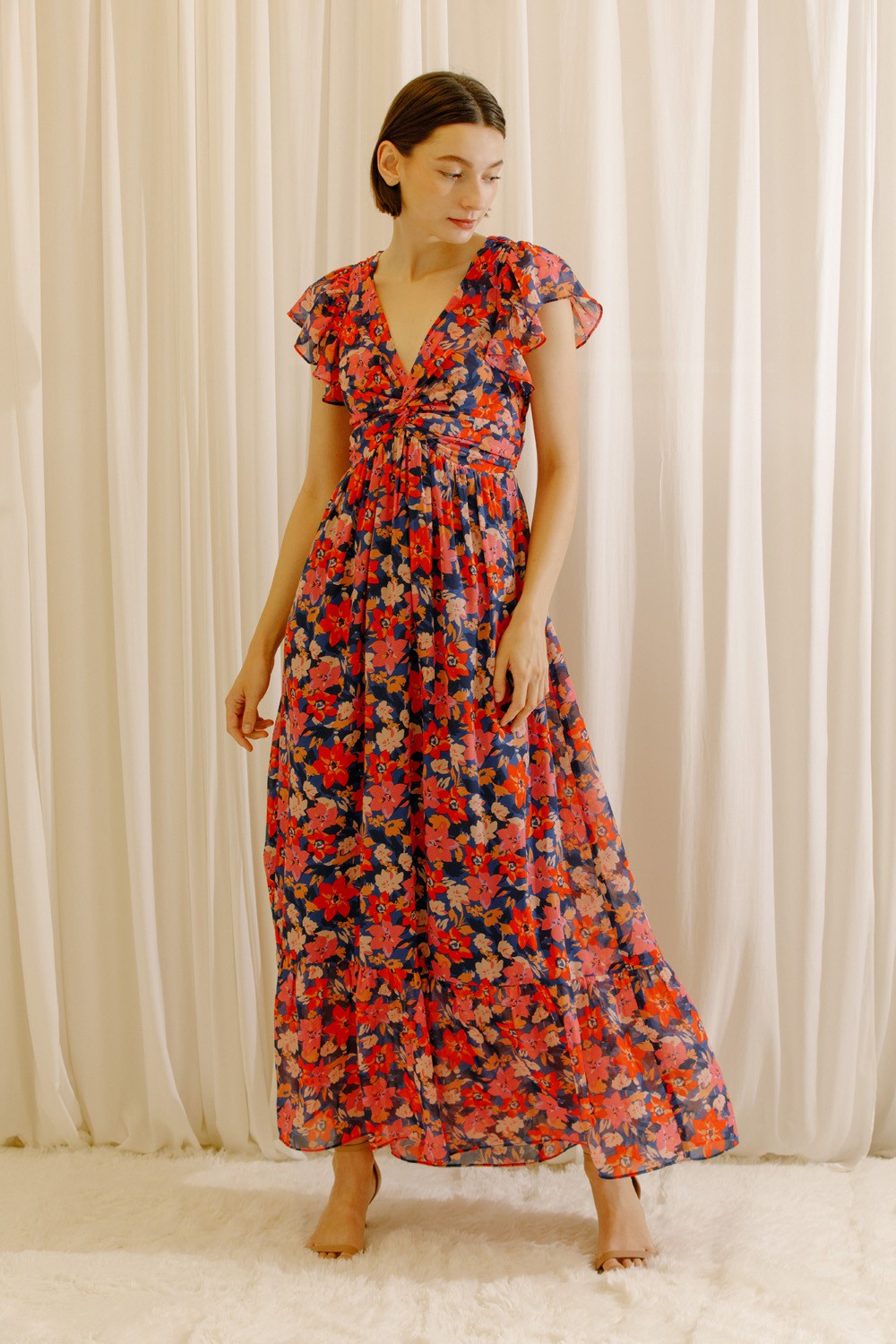 Summer Romance Fluttered Sleeve Floral Maxi Dress - Red/Pink