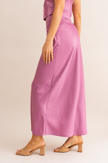 Lyra Satin Lace Trim Maxi Skirt - Mauve