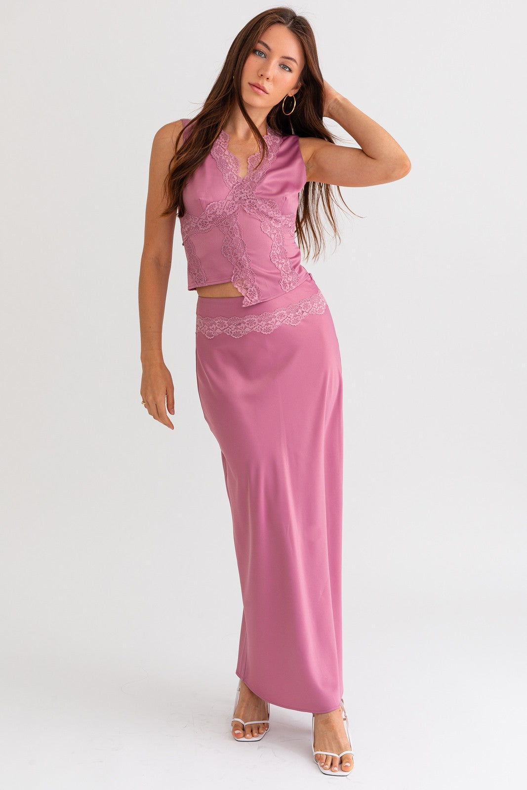 Lyra Satin Lace Trim Maxi Skirt - Mauve