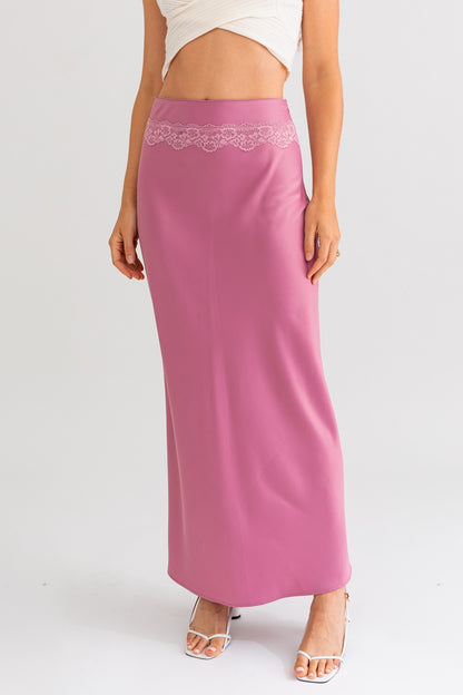 Lyra Satin Lace Trim Maxi Skirt - Mauve