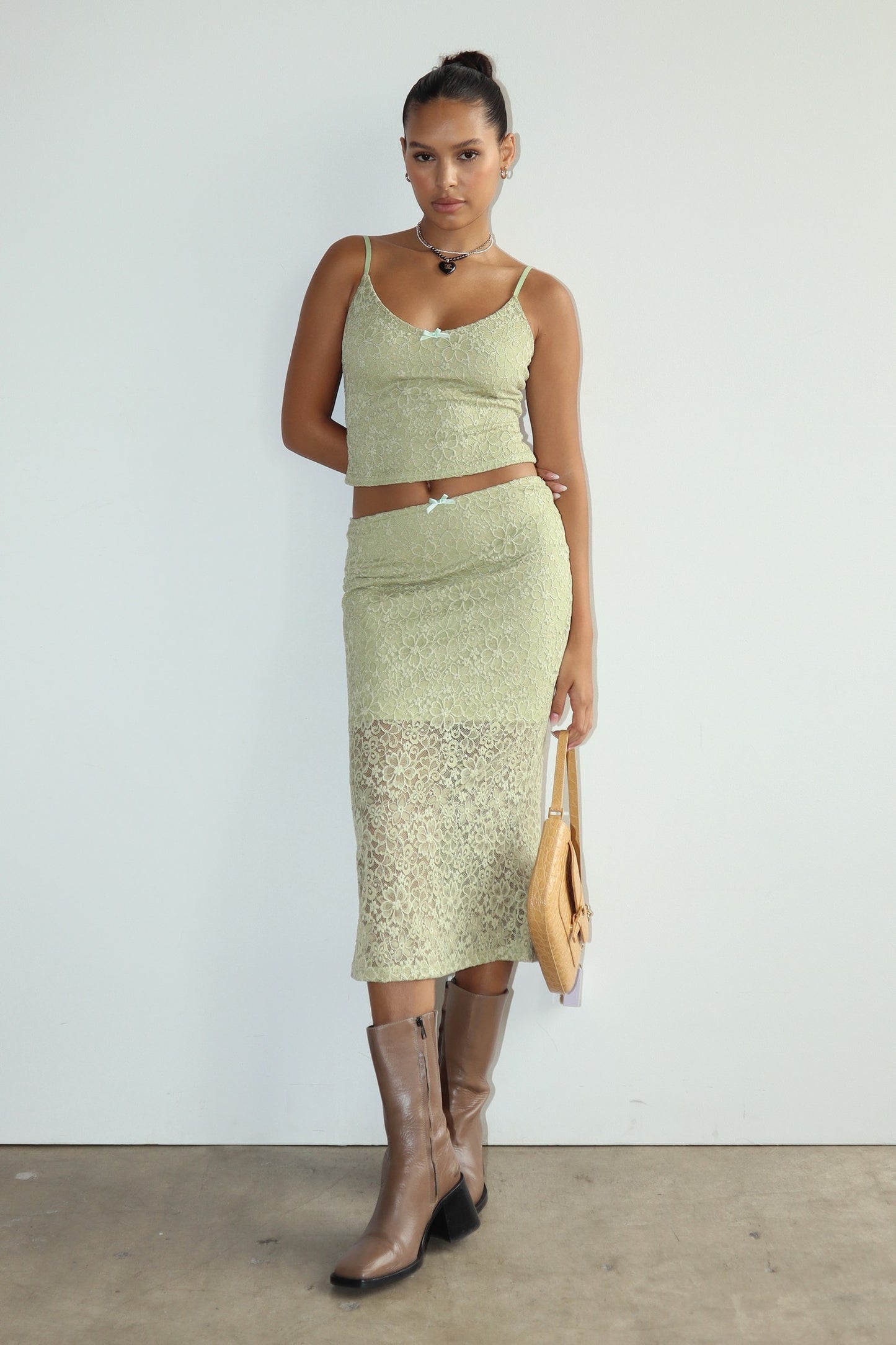 Garden Kisses Lace Midi Skirt - Light Green