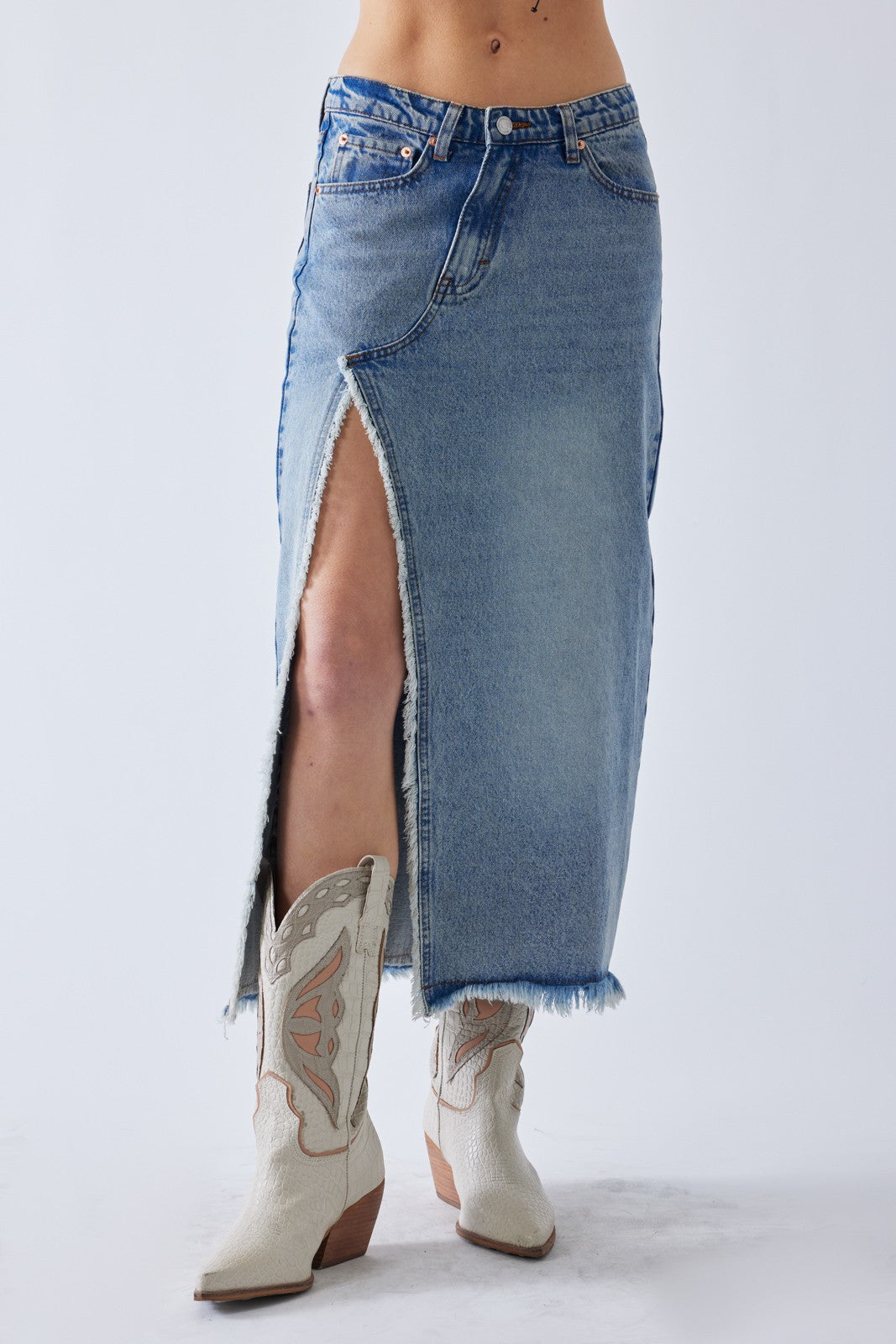 Madeline Distressed High Slit Denim Maxi Skirt - Medium Wash