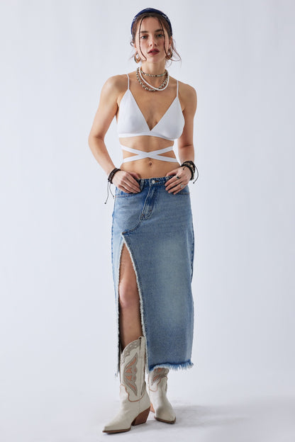 Madeline Distressed High Slit Denim Maxi Skirt - Medium Wash