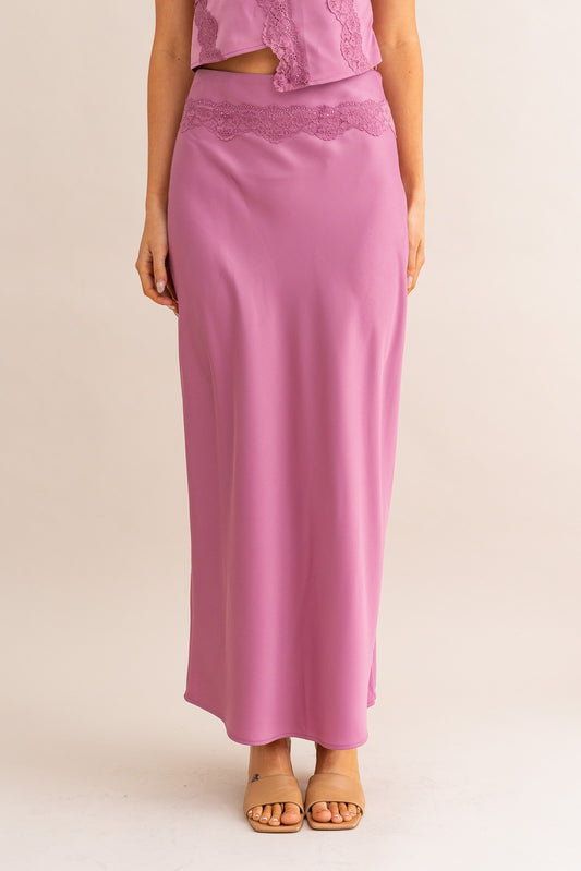 Lyra Satin Lace Trim Maxi Skirt - Mauve