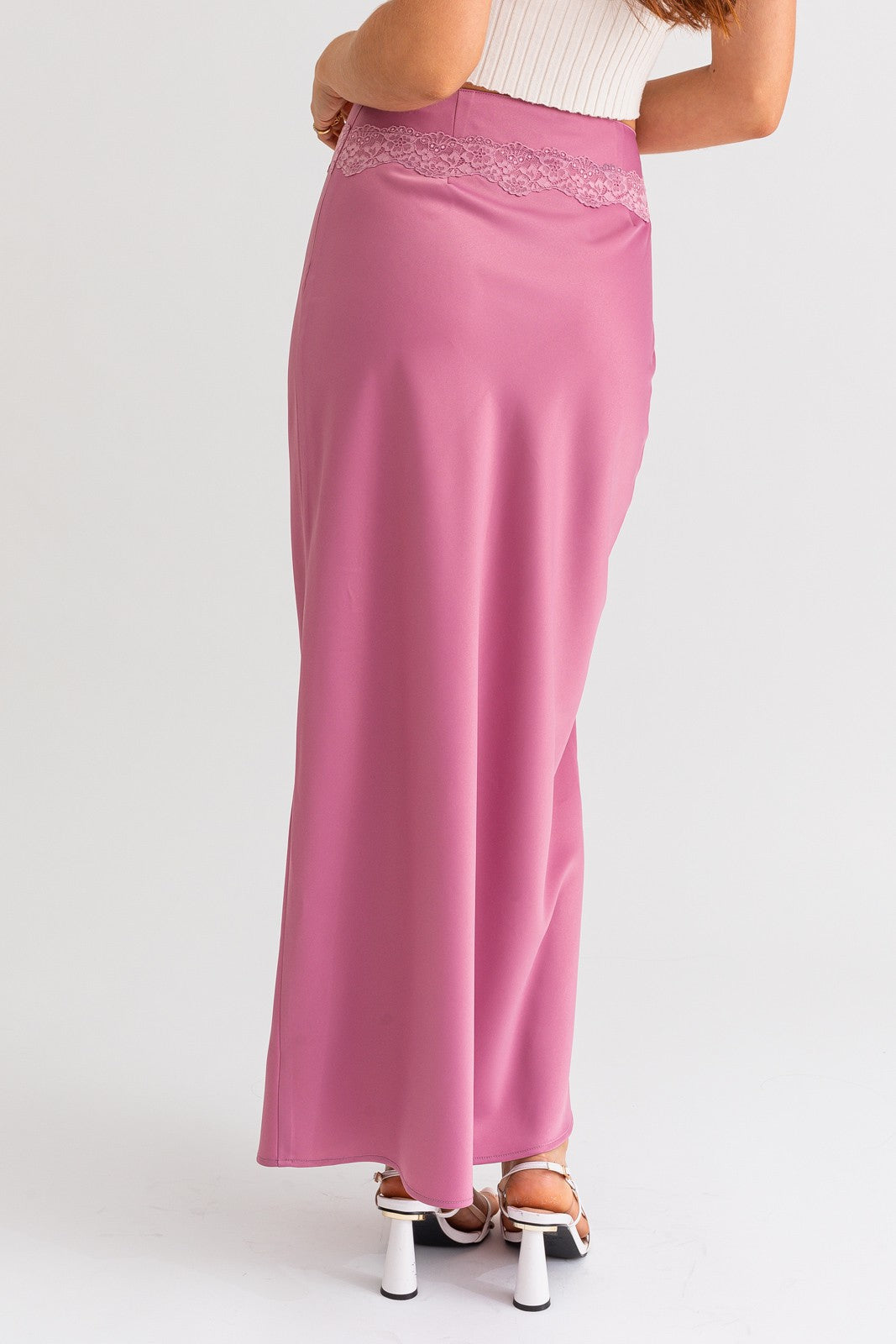 Lyra Satin Lace Trim Maxi Skirt - Mauve