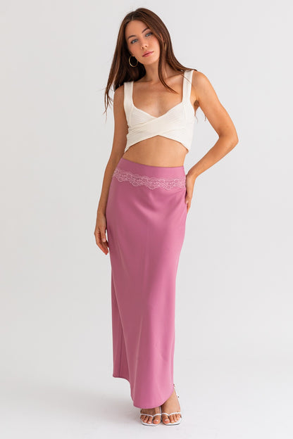 Lyra Satin Lace Trim Maxi Skirt - Mauve