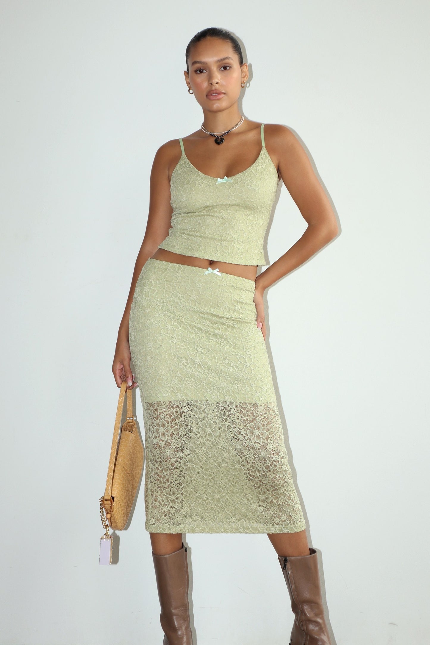 Garden Kisses Lace Midi Skirt - Light Green