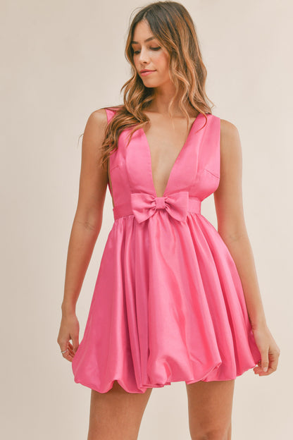 Lovers Lane Bow Bubble Hem Mini Dress - Hot Pink