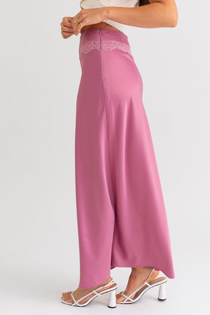 Lyra Satin Lace Trim Maxi Skirt - Mauve