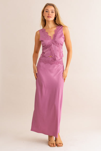 Lyra Satin Lace Trim Maxi Skirt - Mauve