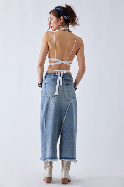 Madeline Distressed High Slit Denim Maxi Skirt - Medium Wash