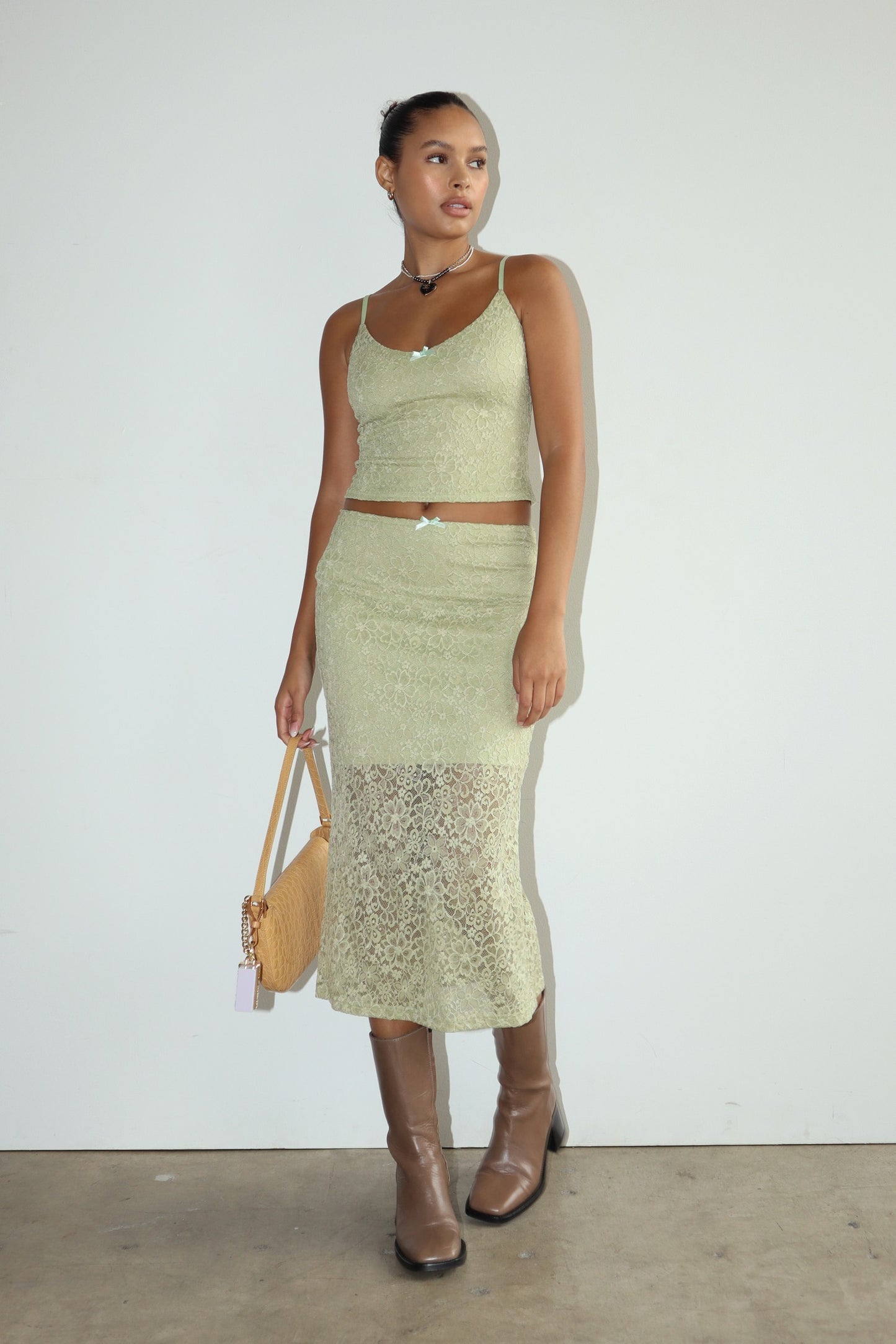 Garden Kisses Lace Midi Skirt - Light Green