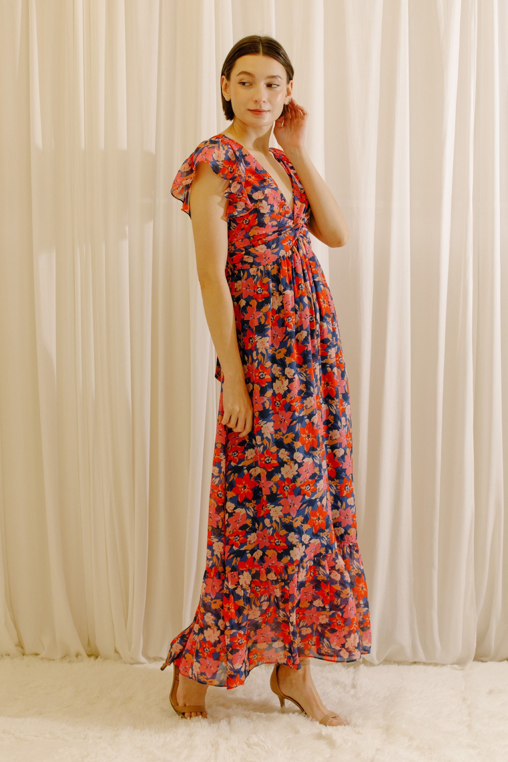 Summer Romance Fluttered Sleeve Floral Maxi Dress - Red/Pink