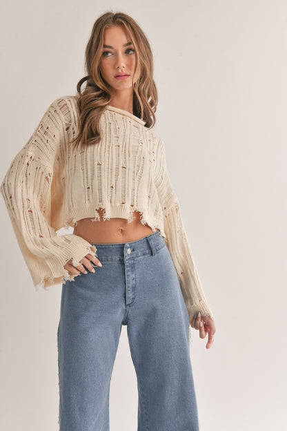 Wild Thoughts Distressed Cropped Sweater Top - Cream