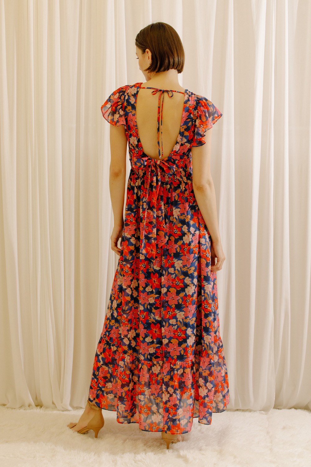 Summer Romance Fluttered Sleeve Floral Maxi Dress - Red/Pink