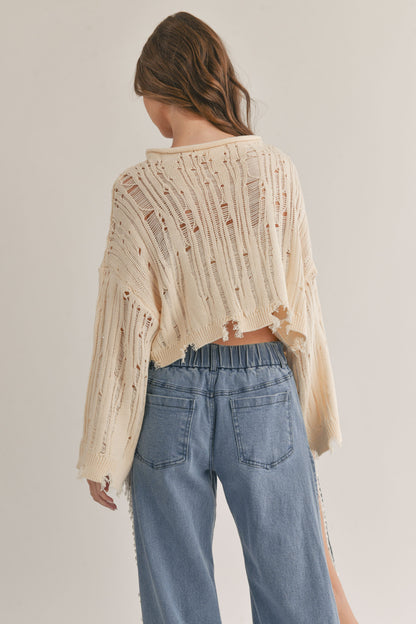 Wild Thoughts Distressed Cropped Sweater Top - Cream