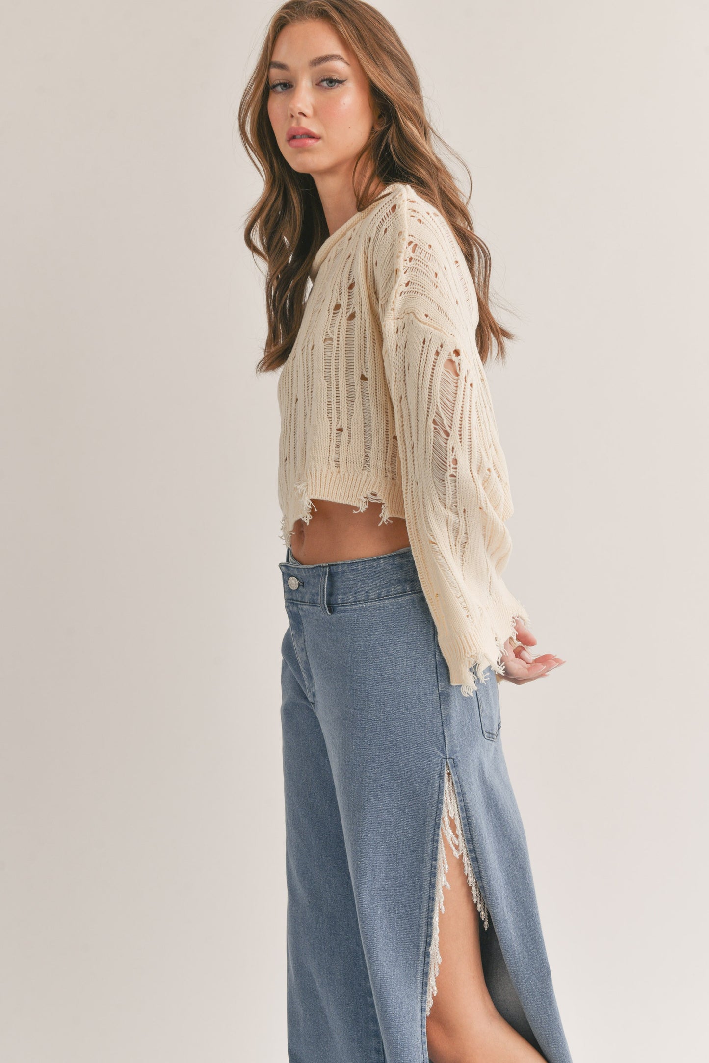 Wild Thoughts Distressed Cropped Sweater Top - Cream