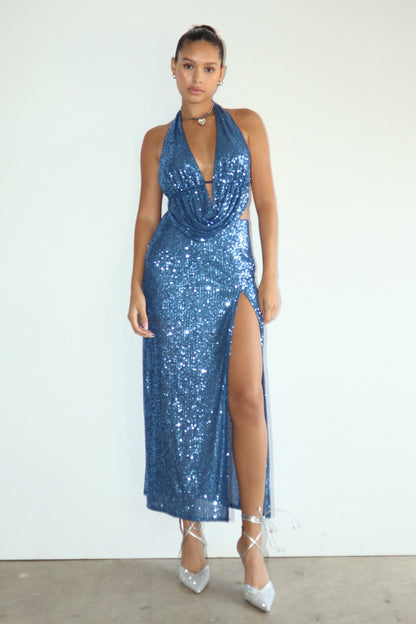 Dancing Queen Side Slit Sequin Maxi Skirt - Midnight Blue