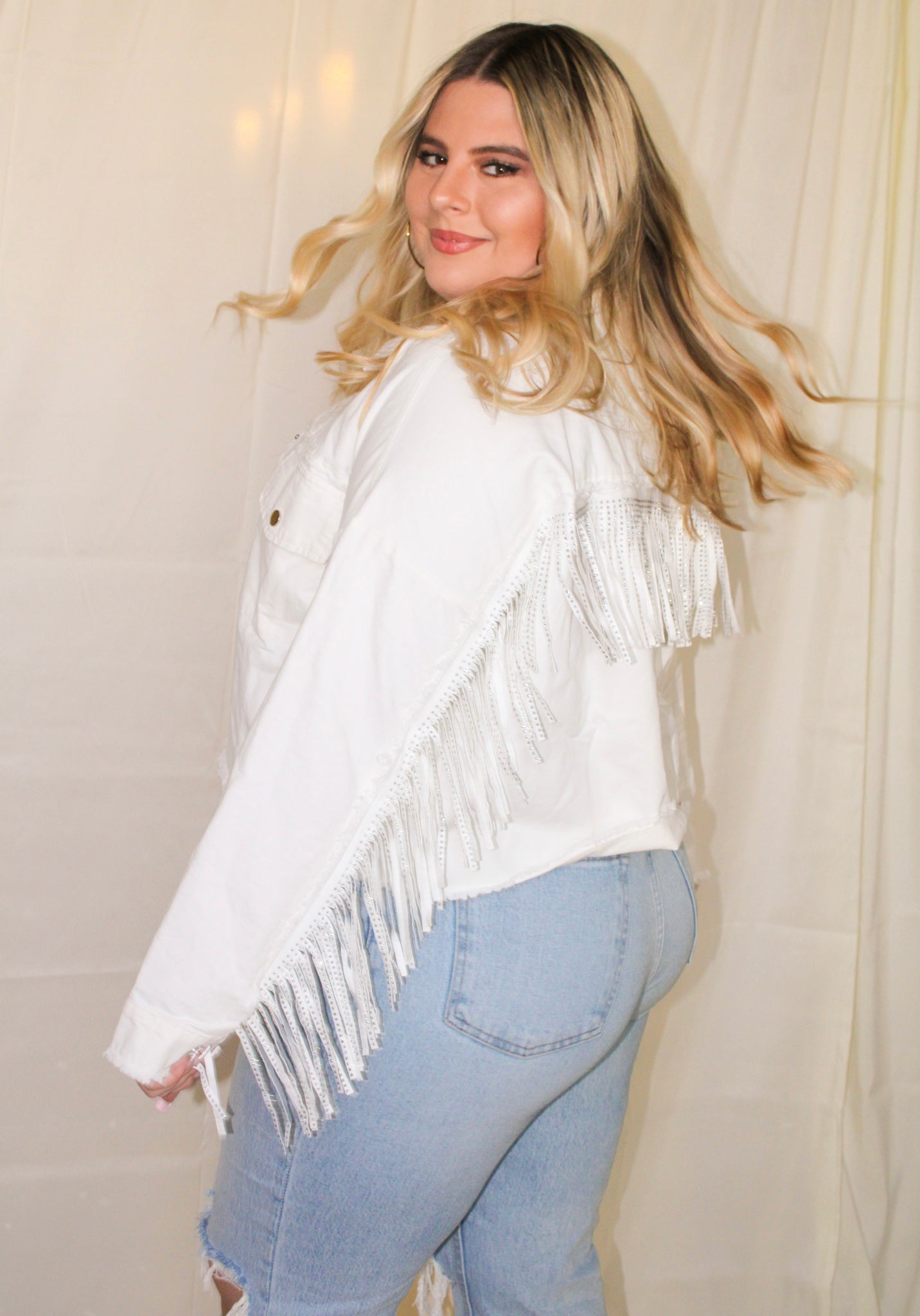 Nashville Nights Sparkly Stud Fringe Jacket - White