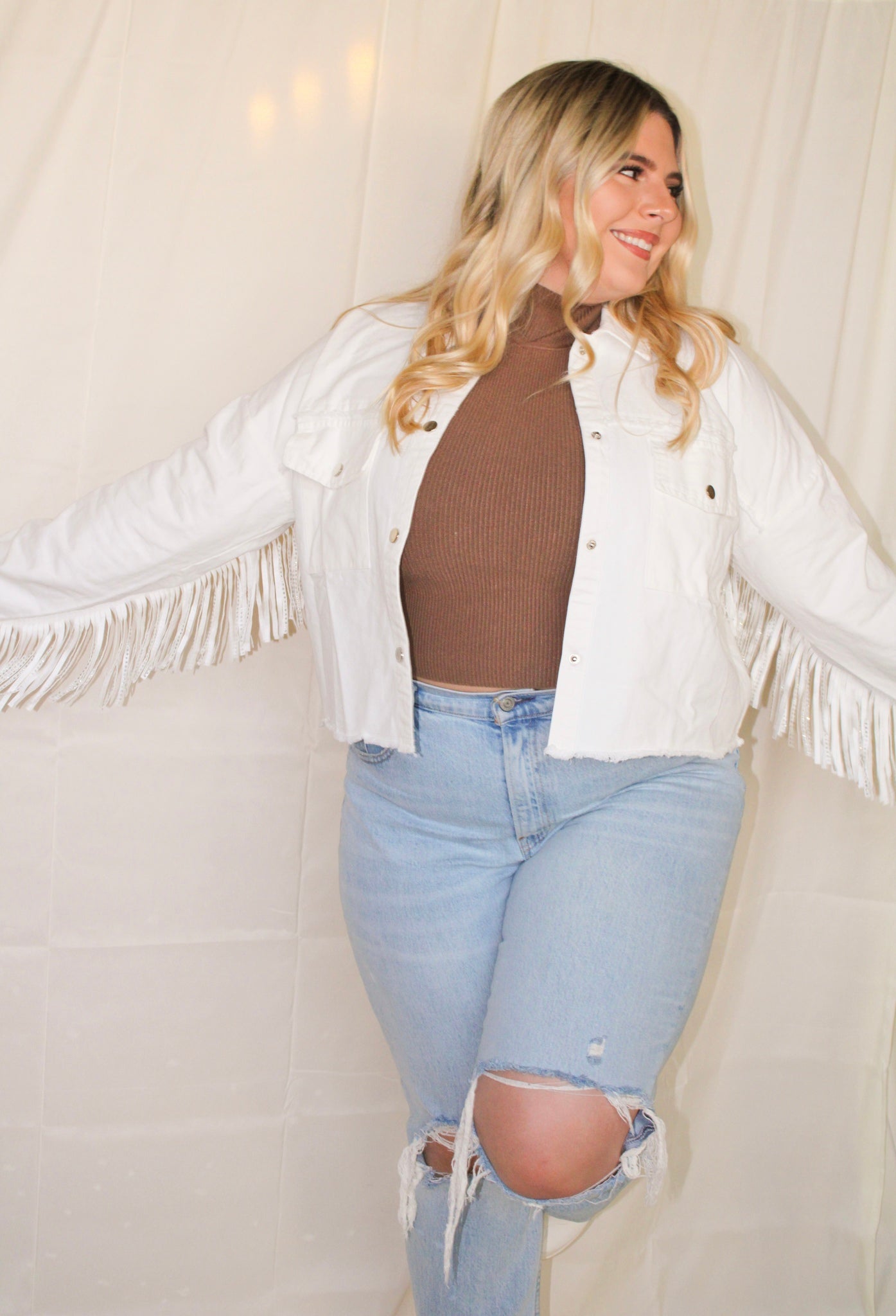 Nashville Nights Sparkly Stud Fringe Jacket - White